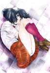  absurdres black_hair brown_footwear buttons dress_shirt feet_out_of_frame fetal_position from_above highres kneehighs kobayashi_hiyoko loafers lying non-web_source official_art oku-sama_wa_joshi_kousei on_side onohara_asami panties parted_lips plaid plaid_skirt plantar_flexion red_legwear red_neckwear shirt shoes short_hair short_sleeves skirt solo underwear white_panties white_shirt 