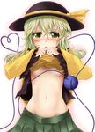  areolae blush breasts green_eyes groin hat heart heart_of_string komeiji_koishi midriff navel shimo_(depthbomb) shirt_lift skirt small_breasts solo touhou underboob 