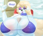  beach big_breasts bikini blonde_hair blue_eyes bracelet breasts canid canine canis chooy64 clothed clothing collar dialogue domestic_dog english_text eyeshadow female fur hair huge_breasts jewelry lipstick looking_down luigi64 makeup mammal one_eye_closed poodle seaside smile solo swimsuit text white_fur 