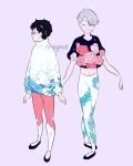  2boys artist_name black_footwear black_hair cloud_print eyes_closed floral_print flower full_body glasses grey_hair highres katsuki_yuuri leaf long_sleeves looking_to_the_side male_focus meyoco multiple_boys pants pink_flower pink_pants plant print_pants print_shirt profile purple_background shirt short_hair short_sleeves simple_background smile sparkle standing sweater viktor_nikiforov wave_print waves white_pants yuri!!!_on_ice 