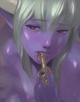  blush breasts close-up demon_girl embarrassed face fingernails from_above highres horns key licking lips medium_breasts mokottsu nail_polish nipples nude original pointy_ears purple_eyes purple_skin red_nails saliva sexually_suggestive silver_hair solo sweat tongue 