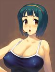  blush breasts cleavage collarbone covered_nipples green_hair headset highres huge_breasts idolmaster idolmaster_(classic) mole mole_under_mouth no_bra one-piece_swimsuit open_mouth orange_eyes otonashi_kotori shirt short_hair solo swimsuit taut_clothes taut_shirt upper_body yn_red 