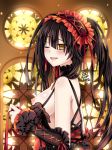  10s 1girl 2019 areolae artist_name bare_shoulders black_hair blush breasts clock_eyes date_a_live dated highres large_breasts long_hair looking_at_viewer maroonabyss nipples no_bra one_eye_closed open_mouth smile solo standing symbol-shaped_pupils tied_hair tokisaki_kurumi twintails upper_body wink 