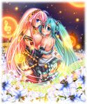  aqua_eyes aqua_hair asymmetrical_docking back bare_back beamed_eighth_notes blue_eyes blush breast_press breasts detached_sleeves dotted_quarter_note eighth_note eighth_rest flower glowing hatsune_miku headset hug ikkakujyuu large_breasts long_hair megurine_luka multiple_girls musical_note night panties pink_hair quarter_note skirt staff_(music) striped striped_panties thighhighs treble_clef twintails underwear very_long_hair vocaloid yuri 