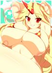  bikini bikini_top blonde_hair breasts highres horn hoshiguma_yuugi huge_breasts long_hair micro_bikini red_eyes solo star swimsuit takeda_aranobu touhou 