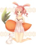  animal_ears barefoot bunny bunny_ears carrot chemise flower hair_flower hair_ornament highres kneeling kuratsuka_riko lingerie original panties pillow pink_hair red_eyes see-through short_hair solo underwear 