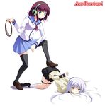  angel_beats! bdsm black_legwear bondage bound bound_arms bound_calves bound_legs bound_thighs breasts gag gagged green_eyes hairband highres maullarmaullar medium_breasts multiple_girls rope school_uniform simple_background tenshi_(angel_beats!) thighhighs top-down_bottom-up trample yellow_eyes yuri_(angel_beats!) 