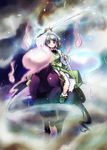  black_hairband blue_eyes blush ghost hairband highres hitodama horse katana konpaku_youmu konpaku_youmu_(ghost) nanaroku_(fortress76) short_hair silver_hair solo sword touhou weapon 