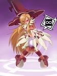  blush boots clam_curry gameplay_mechanics hat hitodama icon infinity knights_in_the_nightmare long_hair orange_hair pink_eyes pointy_ears solo striped striped_legwear thighhighs very_long_hair witch witch_hat 