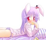  animal_ears blush bunny_ears chips food kazami_ruku no_pants panties pantyshot pillow potato_chips purple_hair red_eyes reisen_udongein_inaba solo striped striped_panties touhou underwear 