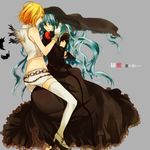  apple aqua_hair bad_id bad_pixiv_id belt blonde_hair closed_eyes dress elbow_gloves fingerless_gloves food fruit gloves haruka_(altalica) hatsune_miku headdress high_heels himitsu_~kuro_no_chikai~_(vocaloid) kagamine_rin long_hair midriff multiple_girls shoes simple_background thighhighs very_long_hair vocaloid wings 