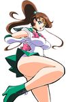  back_bow bad_id bad_pixiv_id bishoujo_senshi_sailor_moon boots bow brown_hair choker elbow_gloves gloves green_choker green_eyes green_footwear green_sailor_collar green_skirt hair_bobbles hair_ornament highres kino_makoto kotomozou long_hair magical_girl panties pink_bow ponytail sailor_collar sailor_jupiter sailor_senshi_uniform skirt solo tiara underwear white_gloves white_panties 