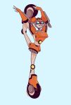  1girl alien armor avoidghost blue_eyes breasts flexible flexing highres humanoid_robot lickety_split light_blue_background medium_breasts orange_skirt pose robot shoulder_armor simple_background skirt solo stretching transformers transformers_animated 