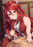  1boy 1girl bangs bare_shoulders blush breasts censored closed_mouth cordelia_(fire_emblem) covered_nipples dress erection fire_emblem fire_emblem_awakening handjob hetero highres long_hair looking_at_viewer medium_breasts mosaic_censoring penis red_dress red_eyes red_hair red_thighhighs short_dress smile solo_focus thighhighs thighs tsuki_tokage wing_hair_ornament 