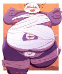  2022 8bytqmuqom3dcfz absurd_res alp_(tas) anthro balls belly big_belly blush genitals giant_panda halloween halloween_costume hi_res holidays kemono lifewonders male mammal moobs mummy_costume navel nipples obese obese_male overweight overweight_male penis purple_body small_penis tokyo_afterschool_summoners ursid video_games white_body 