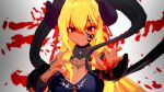  1girl alternate_costume alternate_eye_color alternate_skin_color blonde_hair body_writing breasts cleavage corruption cygames dark_persona dark_skin demon_horns dragalia_lost english_text evil hair_ornament hair_ribbon highres horns junazura koikatsu looking_at_viewer midriff morsayati nintendo official_alternate_costume possessed purple_background reaching reaching_out ribbon tattoo zethia 