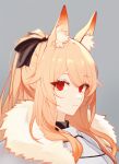  1girl alternate_eye_color animal_ear_fluff animal_ears arknights armor black_bow blemishine_(arknights) blonde_hair bow fur-trimmed_armor grey_background hair_bow highres horse_ears horse_girl long_hair looking_at_viewer lu_(departurelu) ponytail portrait red_eyes sidelocks simple_background solo 