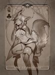  absurdres animal_ears breasts card commentary english_commentary fur hair_over_one_eye head_tilt highres horns less long_hair looking_at_viewer miniskirt monochrome navel original pasties single_horn skindentation skirt smile tail thigh_strap thighhighs wide_sleeves 