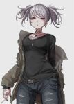  1girl black_nails breasts cigarette coat denim earrings eye_piercing grey_hair highres jeans jewelry looking_at_viewer necklace off_shoulder original pants parted_lips red_eyes sleeves_past_wrists solo tabao tattoo twintails 