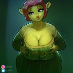  artfoo bent_over big_breasts breast_grab breasts cleavage clothed clothing crown dreamworks dress female freckles fully_clothed green_body hair hand_on_breast hi_res huge_breasts humanoid ogre princess_fiona red_hair shrek_(series) solo tiara wide_hips 