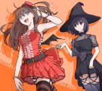  2girls alternate_costume anianiani0607 aozaki_aoko bat_wings belt belt_buckle black_belt black_dress black_eyes black_hair black_headwear blue_eyes breasts brown_hair buckle center_frills character_name commentary_request dress fake_wings frills hair_intakes halloween halloween_costume hat highres kuonji_alice long_hair mahou_tsukai_no_yoru medium_breasts mini_hat multiple_girls open_mouth red_dress red_headwear see-through see-through_sleeves short_hair short_sleeves sleeveless sleeveless_dress smile teeth thighhighs upper_teeth wings witch_hat 