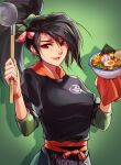  1girl akali alternate_costume animification black_hair black_shirt bracelet breasts egg english_commentary food green_background hair_behind_ear headband hood hoodie jewelry league_of_legends making-of_available medium_breasts noodles open_mouth orange_headband orange_hoodie ponytail ramen red_eyes shadow shirt smile solo v-shaped_eyebrows vmat 