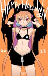  1girl adjusting_hood alisa_southerncross artist_name bangs bikini black_bikini black_choker breasts choker closed_mouth commentary_request cowboy_shot dated english_text frown halloween halloween_costume happy_halloween highres hood hood_up keroro_gunsou long_hair long_hoodie long_sleeves looking_at_viewer navel orange_background orange_hair oyster_(artist) partial_commentary partially_unzipped red_eyes signature simple_background small_breasts solo standing star_ornament swimsuit twintails very_long_hair zipper 