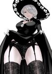  1girl artist_name ass_visible_through_thighs black_dress black_headwear breasts cleavage_cutout clothing_cutout cogita_(pokemon) collarbone dress eyelashes garter_belt garter_straps gloves grey_hair hair_over_one_eye hat highres lace-trimmed_legwear lace-trimmed_panties lace_trim large_breasts lifted_by_self mature_female open_mouth oyatsu_0 panties pokemon pokemon_(game) pokemon_legends:_arceus short_hair simple_background skindentation smile solo thick_thighs thighhighs thighs underwear white_background white_gloves 