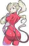  1girl ass blonde_hair blush bodysuit breasts earrings enpe from_behind gloves green_eyes hair_ornament hairclip hand_on_hip highres huge_ass jewelry looking_at_viewer medium_breasts one_eye_closed pearl_earrings persona persona_3 pointing pointing_at_self red_bodysuit sideboob simple_background smile tail takamaki_anne tongue tongue_out twintails white_background zipper 