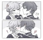  ! 2boys ? aether_(genshin_impact) anger_vein animal animal_ears arm_armor artist_name bangs blunt_bangs blush braid closed_mouth commentary_request genshin_impact greyscale hair_between_eyes hand_on_another&#039;s_face hand_up hane_(odeu) heart kiss long_hair looking_at_another looking_away male_focus monochrome multiple_boys no_headwear no_mouth rabbit rabbit_ears scaramouche_(genshin_impact) scarf shirt short_hair short_sleeves simple_background standing surprised upper_body v-shaped_eyebrows white_background yaoi 