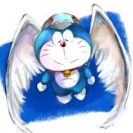  1:1 2022 anthro bell blue_body blue_fur clothing collar domestic_cat doraemon doraemon_(character) eyes_closed felid feline felis flying front_view fur hat headgear headwear machine male mammal mouth_closed mt_tg pouch_(anatomy) red_collar red_nose robot shaded solo whiskers white_body white_fur wings 