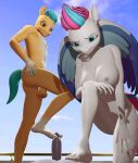  3d_(artwork) anthro anthrofied blue_eyes breasts brown_eyes digital_media_(artwork) equid equine erection feet first_person_view genitals hasbro hi_res hitch_trailblazer_(mlp) humanoid_feet male male/male mammal mlp_g5 my_little_pony nipples nude pegasus penis shadart submissive submissive_male submissive_pov wings zipp_storm_(mlp) 