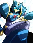  1girl alien armor autobot blue_eyes blue_panties breasts glyph_(transformers) highres humanoid_robot image_sample narrow_waist panties pants robot shoulder_armor solo thechromatroid thighs transformers transformers_animated twitter_sample underwear yellow_lips 