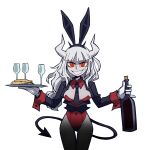  1girl absurdres animal_ears bangs blazer blunt_bangs blush bottle breasts champagne_flute covered_navel cup demon_horns demon_tail drinking_glass fake_animal_ears food gloves gnsisir grin helltaker highres horns jacket long_hair lucifer_(helltaker) mole mole_under_eye necktie pancake playboy_bunny rabbit_ears red_eyes simple_background smile solo tail transparent_background tray white_gloves white_hair 