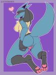  &lt;3 2022 3:4 5_fingers absurd_res anthro black_nose blue_body blue_fur blush breasts butt canid canine feet female fingers fur generation_4_pokemon genitals hi_res kneeling looking_at_viewer looking_back lucario mammal nintendo nipples nude pokemon pokemon_(species) pussy red_eyes smile solo spread_pussy spreading the_man video_games 