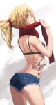  1girl ass back bangs blonde_hair blue_shorts braid breasts cutoffs denim denim_shorts fate/apocrypha fate_(series) french_braid green_eyes hair_ornament hair_scrunchie highres jewelry jewelry_removed long_sleeves looking_at_viewer looking_back mordred_(fate) mordred_(fate/apocrypha) necklace necklace_removed parted_bangs pendant ponytail red_scarf red_scrunchie scarf scrunchie short_shorts shorts sidelocks small_breasts smile solo thighs tonee 