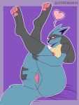  &lt;3 2022 3:4 3_toes 5_fingers absurd_res anthro anus black_nose blue_body blue_fur blush breasts canid canine clitoris feet female fingers fluffy fluffy_tail fur generation_4_pokemon genitals hand_on_butt hi_res legs_up looking_at_viewer lucario mammal nintendo nipples nude pokemon pokemon_(species) presenting pussy red_eyes smile solo spread_legs spreading the_man toes video_games 