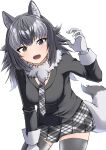  1girl animal_ears blue_eyes blush commentary_request cowboy_shot fangs fur_collar gloves grey_hair grey_jacket grey_necktie grey_skirt grey_thighhighs grey_wolf_(kemono_friends) heterochromia highres jacket kemono_friends kimurayou103 long_hair long_sleeves looking_at_viewer multicolored_hair necktie open_mouth plaid plaid_necktie plaid_skirt pleated_skirt skirt sleeve_cuffs solo tail thighhighs white_gloves white_hair wolf_ears wolf_girl wolf_tail yellow_eyes zettai_ryouiki 