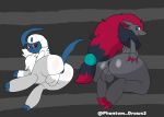  absol absurd_res anthro balls big_butt butt duo feral generation_3_pokemon generation_5_pokemon genitals hi_res looking_at_viewer looking_back male male/male nintendo phantom_draws3 pokemon pokemon_(species) presenting presenting_hindquarters simple_background video_games zoroark 