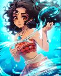  1girl animification bare_shoulders black_hair breasts brown_eyes cleavage collarbone dark-skinned_female dark_skin english_commentary floating_hair highres jewelry kishishiotani long_hair looking_at_viewer making-of_available medium_breasts midriff_peek moana_(movie) moana_waialiki necklace open_hands orange_skirt orange_tube_top skirt smile solo strapless tube_top underwater water 