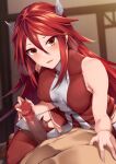  1boy 1girl bangs bare_shoulders blush breasts censored cordelia_(fire_emblem) covered_nipples dress erection fire_emblem fire_emblem_awakening handjob hetero highres long_hair looking_at_viewer medium_breasts mosaic_censoring open_mouth penis red_dress red_eyes red_hair red_thighhighs short_dress smile solo_focus thighhighs thighs tsuki_tokage wing_hair_ornament 