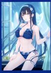  1girl absurdres bangs bare_shoulders bikini black_hair blue_eyes breasts cleavage cloud cloudy_sky collarbone day earrings highres indoors jewelry long_hair looking_at_viewer medium_breasts navel ocean original parted_lips scan simple_background sky smile solo swimsuit thigh_strap thighs water window wings wristband yashiro_seika 