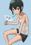  1girl akts625 artist_name bangs bare_shoulders between_legs black_shorts blue_background blush breasts collarbone commentary fanning_self feet_out_of_frame food food_in_mouth green_eyes green_hair hand_between_legs hand_fan highres hot kino_(kino_no_tabi) kino_no_tabi looking_at_viewer mouth_hold paper_fan popsicle romaji_commentary short_hair short_shorts shorts signature simple_background sitting_on_bench small_breasts solo sweat sweating_profusely tank_top tomboy uchiwa very_short_hair white_tank_top 