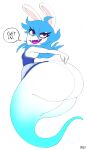  anthro big_butt blue_hair bottomless butt clothed clothing dress english_text female ghost hair half-closed_eyes hi_res huge_butt huge_hips huge_thighs indynd lagomorph leporid mammal mario_plus_rabbids_sparks_of_hope midnite_(mario_plus_rabbids) narrowed_eyes open_mouth purple_eyes rabbid rabbit raving_rabbids rayman_(series) solo speech_bubble spirit text thick_thighs ubisoft video_games white_body wide_hips 