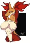  anthro big_breasts breasts canid canine censored_breasts delphox female fox furry_pussy generation_6_pokemon hair hands_behind_head hi_res mammal multicolored_body muscular nintendo orange_body pokemon pokemon_(species) pubes raised_arms red_nose rentressy smile solo video_games white_eyes 