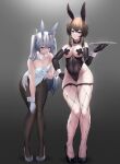  2girls absurdres animal_ears bangs bare_shoulders black_eyes black_gloves black_leotard black_pantyhose breast_tattoo breasts brown_hair collar cross_pasties cut-here_line detached_collar elbow_gloves fake_animal_ears fishnet_thighhighs fishnets gloves grey_background grey_hair high_heels highres ka941 karinn_(ka941) large_breasts leaning_forward leg_tattoo leotard long_hair looking_at_viewer multiple_girls original pantyhose pasties playboy_bunny rabbit_ears small_breasts strapless strapless_leotard tattoo thighhighs twintails white_gloves white_leotard wrist_cuffs 