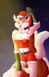  2016 anthro armwear belt bottomwear breasts bubblegum_(jimfoxx) canid canine cape chin_piercing christmas christmas_clothing christmas_headwear cleavage clothed clothing costume elbow_gloves facial_piercing female fox fur gloves hair half-closed_eyes handwear hat headgear headwear hi_res holding_mistletoe holding_object holding_sack holidays jimfoxx looking_at_viewer mammal mistletoe narrowed_eyes navel navel_piercing nose_piercing nose_ring piercing plant raised_tail ring_piercing santa_costume santa_hat shorts smile smiling_at_viewer solo topwear 