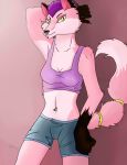  2016 accessory anthro bottomwear breasts bubblegum_(jimfoxx) canid canine chin_piercing claws cleavage clothed clothing ear_piercing ears_up facial_piercing female fox fur furgonomics hair half-closed_eyes hand_behind_head hi_res jewelry jimfoxx looking_at_viewer mammal narrowed_eyes navel navel_piercing nose_piercing nose_ring piercing raised_tail ring ring_piercing shirt shorts signature solo tail_accessory tail_jewelry tail_ring tank_top topwear 