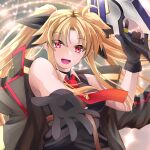  1girl bardiche bare_shoulders black_bow black_gloves black_jacket black_shirt blonde_hair bow breasts collar fate_testarossa gloves jacket long_hair looking_at_viewer lyrical_nanoha mahou_shoujo_lyrical_nanoha medium_breasts necktie red_hair red_necktie shirt smile solo sougetsu_izuki teeth tongue trigger_discipline twintails upper_teeth white_collar 