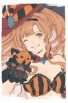  1girl ;d black_gloves blonde_hair blue_eyes choker gloves granblue_fantasy grin hairband hat highres horns jack-o&#039;-lantern_head one_eye_closed shimatani_azu smile striped stuffed_toy twintails vaseraga vaseraga_(halloween)_(granblue_fantasy) vertical_stripes witch_hat zeta_(granblue_fantasy) zeta_(halloween)_(granblue_fantasy) 